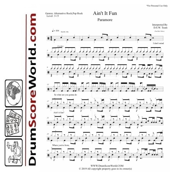 Paramore - Ain't It Fun - Drum Sheet + Play-Along Track